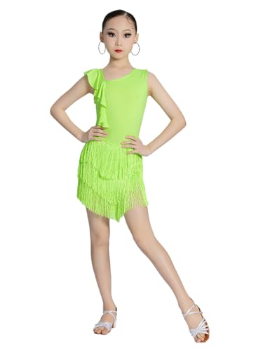 Dziewczęca sukienka do tańca latynoskiego z frędzlami dekoltem skośnym bez rękawów profesjonalna spódnica do tańca towarzyskiego rumba cha cha salsa,Green,150