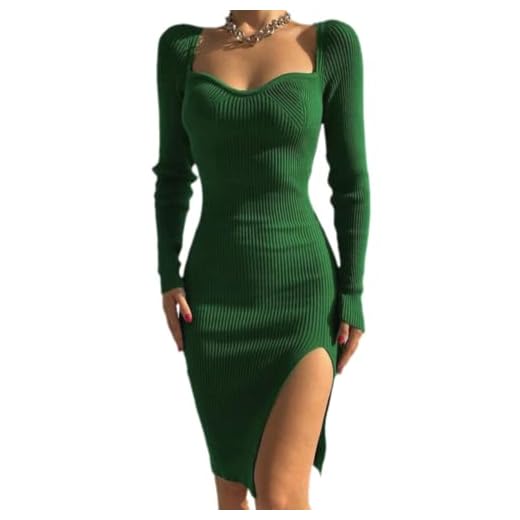 Mode damer fyrkantig halsringad långärmad skinny midiklänning Ribbstickad slits nederkant Knä tröja Party Club Outfit