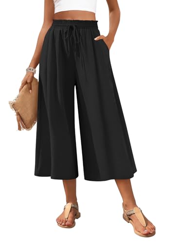 POPYOUNG Plus Size Womens Capri Pant Dressy Casual Wide Leg Palazzo Pants Flowy Gaucho Pants Drawstring Trousers with Pockets 2XL, Black