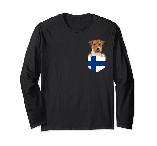 Finland Flag Russell Terrier Dog In Pocket Long Sleeve T-Shirt, Black