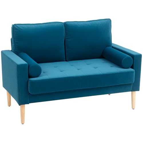 HOMCOM 2-Sitzer-Sofa, modern, aus Samt, 127 cm, Kissen mit dicken Federn, Füße aus Gummibaumholz, 2 Kissen und gepolsterte Sitzfläche, 2-Sitzer-Bank für Wohnzimmer, Schlafzimmer, kleiner Raum, blau