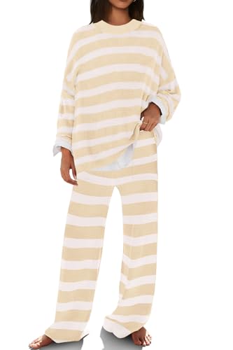 Image of SENSERISE Womens Striped Set Sweater Lounge Sets | Pajamas Set, Loungewear Set, Oversized Knit Sweater, Wide Leg Pants with Pockets, Fall Outfits, Pants Set