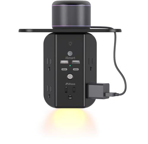 Wall Outlet Extender with Shelf and Night Light, Surge Protector, USB Wall Charger with 5 AC Outlets and 2 USB A Ports 2 USB C Ports Wide Space 3-Sided Power Strip Multi Plug Outlets, Black