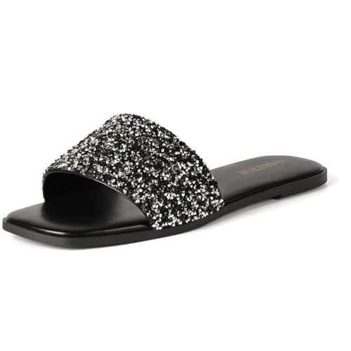 SKETOE Womens Sparkly Rhinestone Sandals Square Open Toe Sandal Slip on Summer Flat Sandals for Beach Wedding Holiday Shopping