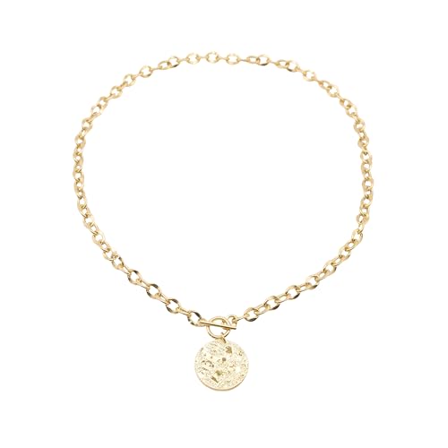 Générique Collier chaîne grosse maille en acier doré avec pendentif rond martelé. Collier fermoir T. Collier toggle.