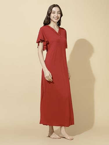 Image of 9shines Label Stylish Soft Modal Maxi Nighty | Honeymoon Nighty | Full Length Trendy Nightgown | V-Neck Lace | Premium Nightdress | Soft Long Nightdress | Maxi Gown Nightwear for Women (Malai Satin)