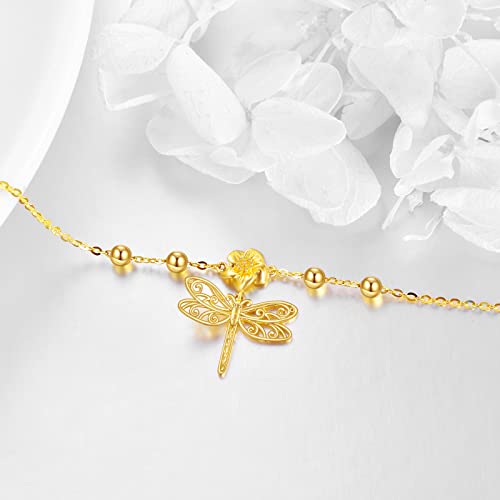Kecho Dragonfly Ankle Bracelets Jewelry Mothers Day Gifts For Mom Women Girls Yellow Gold Dragonfly Flower Anklet Chain Link Anklets With Adjustable 2.5 Inchs Extension Chain (Dragonfly Anklets) #TOP3