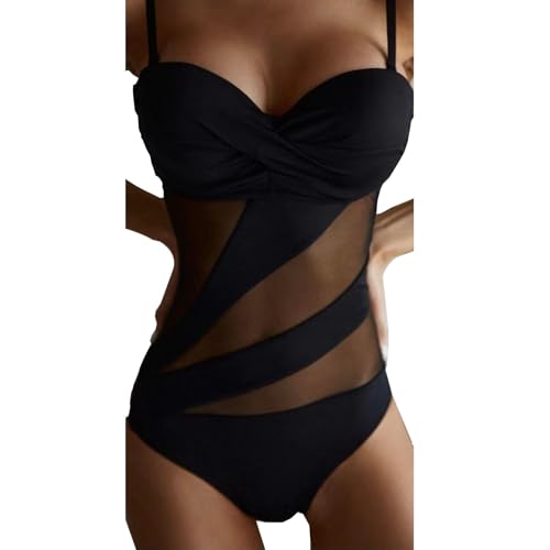 Badeanzug Damen Bauchweg Einteilige Verstellbarer Rückenfrei Push Up Bademode Einteiler Sexy V Ausschnitt Schlankheits Raffung Sheer Mesh Strandmode Swimsuit Stück Monokinis (A01- Black, S)-4