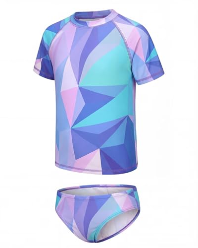 Image of Girls Two Piece Swimsuits Short Sleeve Rash Guard Swim Shirt Bikini Bottom Swim Set Bathing Swim Set Swimwear 3-16 Years