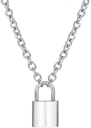 Firsteel Punk Hiphop Rock Gothic Style Lock and Key Necklace Pendant Influx Silver Stainless Steel Double Layer Choker for Women Men Dress Up