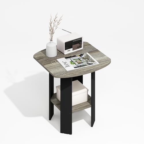 Furinno Modern Side Table, Square Round Corner End Table with Storage Shelf, Night Stand, Bedside Table, for Living Room, Bedroom, Grey Oak