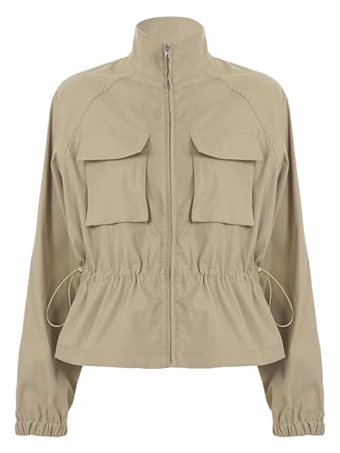 NONDK Chaqueta de Invierno para Mujer, de Larga, con Cremallera y Bolsillos, Estilo Cargo, Informal, para Otoño. Caqui M