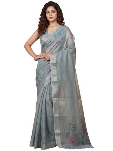 Image of AKHILAM Women's Floral Printed Handloom Cotton Silk Saree with Zari Border and Tassel Pallu Unstitched Blouse Piece | Traditional Ethnic Wear Sarees | Women saree silk | Festive Sari Women's