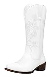Jeossy Women's White Cowboy Mid Calf Boots, Cute Boot with Embroidery Flower, Low Heel Western Cowgirl 9807 Boot, Comfy Riding Round Toe Boots with Side Zipper, Size 11 US(DJY9807 White 11)