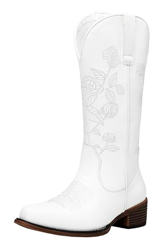 Jeossy Women's White Cowboy Mid Calf Boots, Cute Boot with Embroidery Flower, Low Heel Western Cowgirl 9807 Boot, Comfy Riding Round Toe Boots with Side Zipper, Size 11 US(DJY9807 White 11)