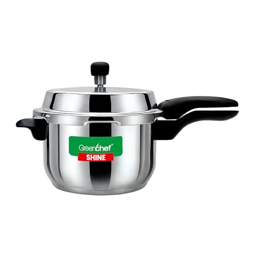 GREENCHEF Shine outer lid Stainless steel Pressure cooker 5 litre Induction and Gas Stove Compatible - ISI Certified