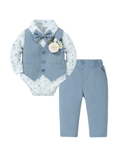 Coco&RARA Baby Boy Clothes Suits Infant Tuxedo Gentleman Outfits, Formal Dress Shirt+Vest+Corsage+tie+Pants Baby Suit Sets(Light Blue, 6-12M)
