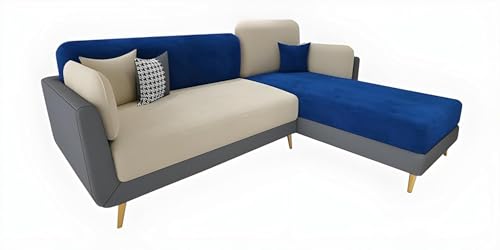 Image of Modern & Luxury Cushioned Couch Relax sectional Sofa in Fabric & Velvet and Heavy Duty Sofa Ideal for bedrooms, Living Rooms, Guest Rooms and Office-(LHP 4 Seater Blue & Beige).