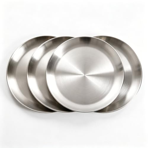 AHMistool 4Pcs Stainless Steel Dinner Plates 17cm Round Stainless Steel Lightweight Dishes Plates Set for BBQ Picnics Party Camping Dishwasher Safe and Healthy (17cm)