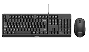 PHILIPS SPT6207BL Wired Keyboard Mouse Combo, Optical sensor, Splash resistant, Multimedia shortcut keys, Ergonomic design, home office, PC/laptop