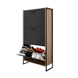 CASABEL, Mobile portascarpe industriale (18 paia), armadio portascarpe, contenitore da ingresso, grande capacità, salvaspazio, ingresso o corridoio, ante nere, telaio in legno chiaro, azienda