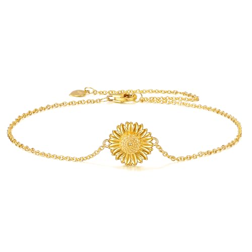 KQF 14K Solid Gold Sunflower Bracelet Real Gold Flower Bracelet Jewelry Gifts for Women