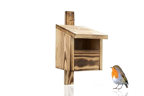 WOODYGIFT Wetterfester Nistkasten Halbhöhle für Rotkehlchen & Amseln Vogelhaus zum Aufhängen aus natürlichem Holz zum Aufhängen Vogelnistkasten für draußen 11x5 cm Einflugloch (Verbrannt)