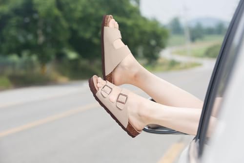Image of ODOLY Unisex Comfortable Cork Footbed Slide Sandals with Arch Support | Adjustable Buckle, Lightweight Summer Sandals for Travel and Everyday Wear