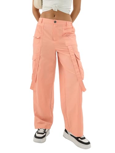 Image of The Souled Store Coral Women and Girls Buttoned Solid Nylon Loose Fit Parachute Pants