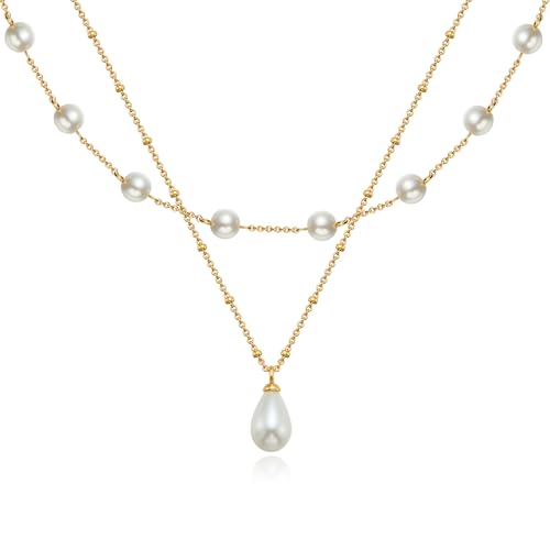 Cicy Bell Womens 18k Gold Plated Necklace Double Layered Teardrop Shell Pearl Delicate Trendy Pendant Necklace Gifts 17.7'' with 2'' Extender