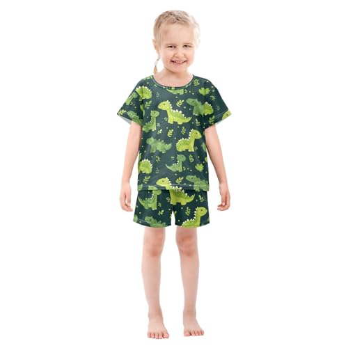 ALAZA Green Dinosaur Polka Dot Pajamas Set Short Sleeve Cotton Sleepwear Summer Pjs 2 Piece 5-14Y3