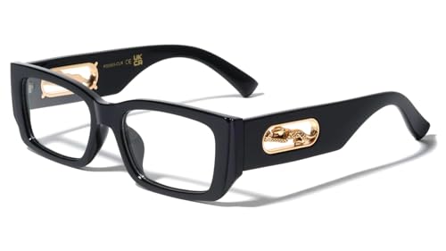 Dweebzilla Slim Sleek Plastic with Metal Jaguar Cut Out Retro Rectangular Sunglasses (Glossy Black & Gold Frame - Clear Lenses)