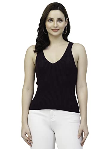 Image of Kalt Women Knitted, Ribbed Cotton Fitted Sleeveless V-Neck Cami Tank Top for Women Stylish