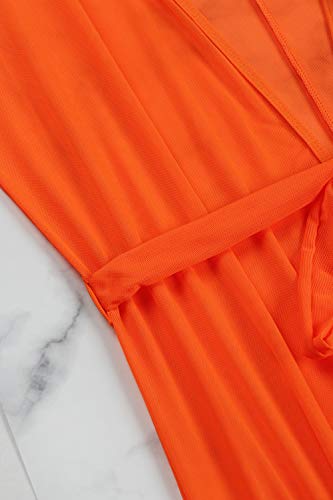 Pink Queen Women's Long Sleeve Flowy Maxi Bathing Suit Swimsuit Tie Front Robe Cover Up Orange L