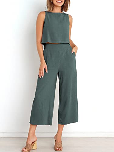 Prinbara 2 Pieces Outfits For Women Lounge Matching Set Casual Sleeveless Linen Round Neck Crop Top Wide Leg Pants Jumpsuits 5Pa46-Shenhui-M #TOP1