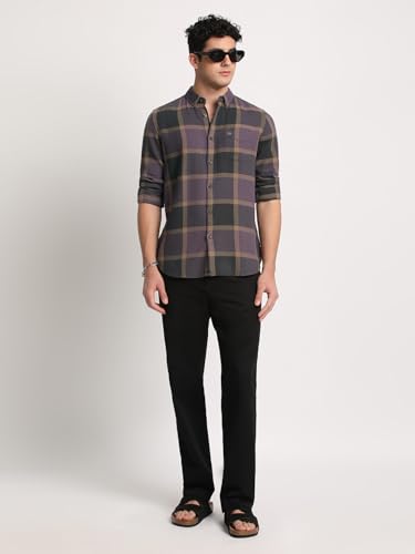 Image of Men Purple Checked Slim Fit Cotton Casual Shirt