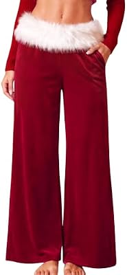 ADORPOP Christmas Pants Women - Santa Pants Stretchy Faux Fur Holiday Gift