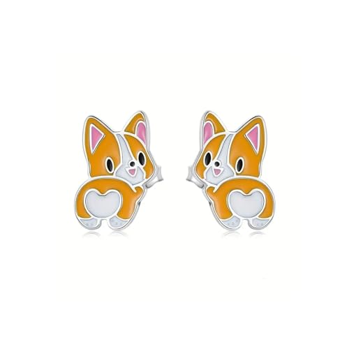 Adorable Corgi Dog Stud Earrings, Silver-Tone with Orange and Pink Enamel