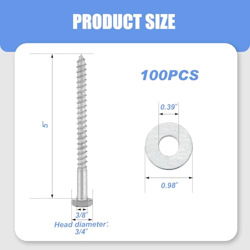 Image of 100 Pcs 3 /8 inch x 5 inch Lag Bolts for Wood Lag Screws with Washers Bulk | Hot Dip Galvanized Hex Head Screws Heavy Duty for Wood, Deck, Furniture, Boat Repair