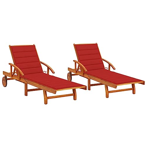 Mandloder Hamacas de 2 piezas con cojines, madera maciza de acacia, respaldo ajustable, plegable, ruedas, para jardín, terraza, piscina, rojo, 199 x 67 cm