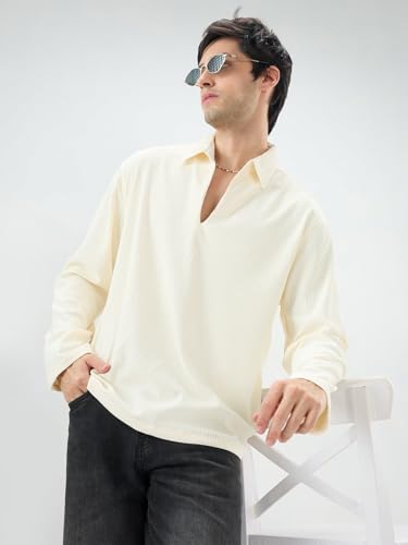 Image of VASTRADO Pastel Cream Precision Rib Striped Oversized Polo Knitted Shirt