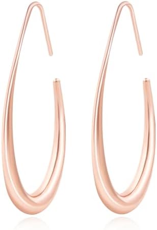 Lightweight Teardrop Hoop Earrings for Women - 14k Gold/White Gold Plated Large Oval Pull Through Hoop Earrings High Polished Statement Jewelry Gift for Women Teen Girls