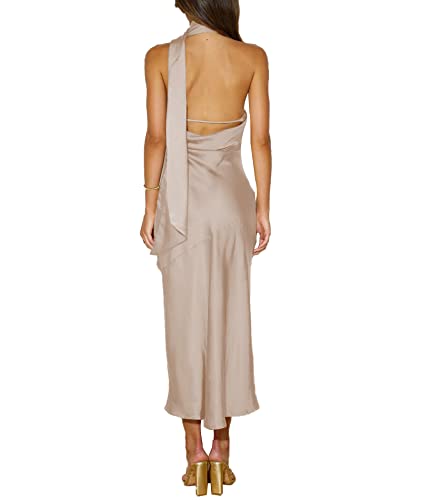 Image of Sexyshine Women's Elegant Halter Tie Neck Sleeveless Satin Long Dress Backless Split Cocktail Party Formal Wedding Maxi Dress