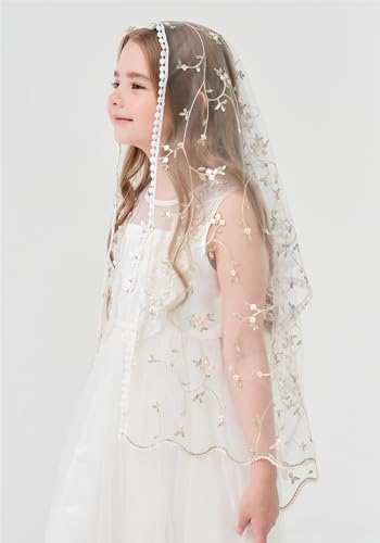 Rectangular Veil for Girls Rose Embroidered Veil Floral Veil for First Communion Girls Flower Veil K12