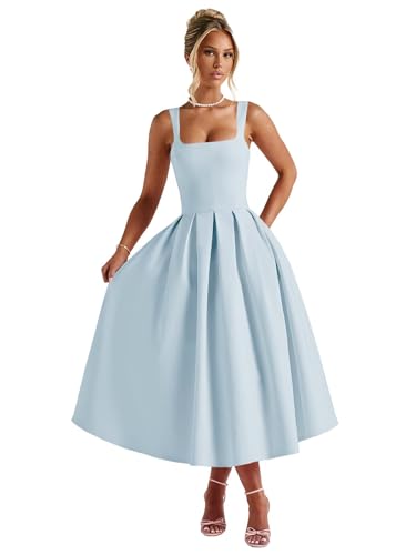 Sougoue Women's Satin Sleeveless Bridesmaid Dresses Sky Blue Midi A Line Wedding Guest Dress Formal Gown Tea Length with Pockets 4