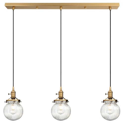 Yosoan Industrial Glass 3 Pendant Lights, 3 Heads Hanging Ceiling Lights with Ribbed Lampshade for Dining Room Kitched Living Room