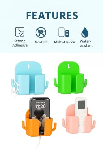 Image of 1 Pcs Mobile Holder for Home - Self-Adhesive Phone Charging Holder with Dual Hooks, Ideal for Bathroom, Kitchen, Bedroom, Office - Reusable ABS Build HMH-1 Multicolor