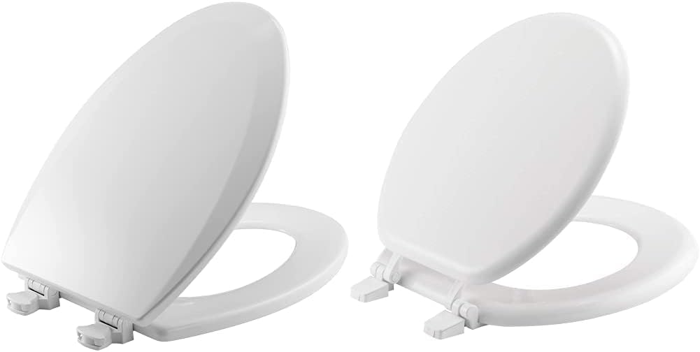Bemis 1500EC 000 Toilet Seat with Easy Clean & Change Hinges, Elongated, Durable Enameled Wood, White and BEMIS 400TTA 000 Economy Toilet Seat, Durable Enameled Wood, ROUND, White