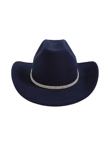 Verdusa Womens Western Cowboy Hat Rhinestone Wide Brim 2026 Cowgirl Hat Dark Blue One Size
