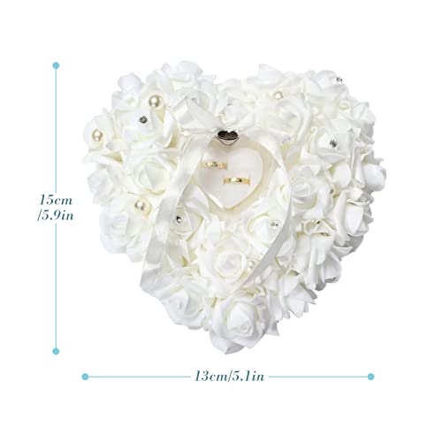 TOPINCN Wedding Ring Pillow, Romantic Lace Crystal Rose Wedding Heart Ring Box Pillow Cushion with Ribbon Pearl Wedding Ceremony Ring Holder for Wedding Supplies Gift